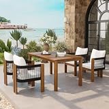Hassyee U_Style 5-Piece Outdoor Patio Dining Set with Acacia Wood Table and Soft Cushions for Balcony, Poolside, Farmhouse Dining Furniture Set with Rope Woven Chairs for Lawn, Garden (Black)