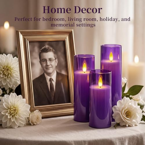 Image of Homemory Purple Battery Operated Flameless Candles with Remote and Timer, Flickering LED Pillar Candles, Acrylic Decorative Candles for Home Decor, Weddings, Parties and Holidays, 9 Pack