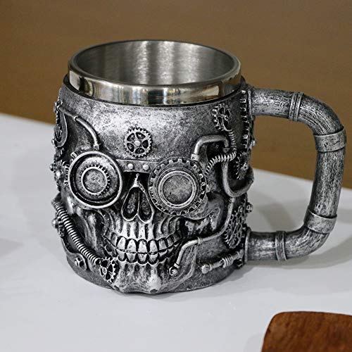Steampunk Skull Beer Coffee Mug - Mechanical Gearwork Pipeline Beer Stein Tankard - Viking Drinking Stainless Steel Cup 14oz - Ideal Novelty Gift Themed Party Decoration