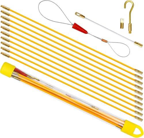 10 Rods 33cm Fiberglass Electrical Cabling Rods Connectable Fish Tape Pull Kit with Hook and Hole Kit in Transparent Tube