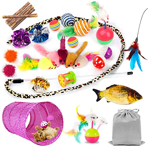AILUKI 28 Stück Katzen Spielzeug Katzenspielzeug Set mit Katzentunnel Jingle Bell, Katzenminze, Fisch, Spielzeugmäuse, Katzentunnel Spielzeug Variety Interaktive Spielzeug Pack für Kitty Cover