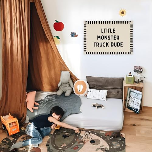 Image of XYDEG Monster Truck Room Decor, Little Monster Truck Dude Canvas Banner Flag Wall Decor, Boy Nursery Wall Hanging Flag Decorations for Kids Boy Nursery Toddler Room Bedroom Playroom, 30x20 Inch
