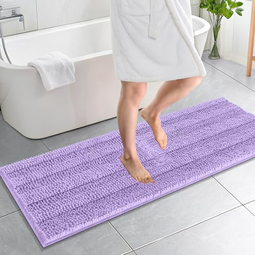 Image of OLANLY Thick Bathroom Runner Rugs 59x20, Absorbent Chenille Striped Bath Rugs, Rubber Backing, Machine Wash, Extra Long Bath Mats for Bathroom Floor, Tub and Shower, Home Decor Accessories, Lavender