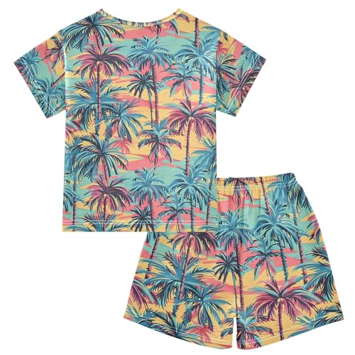 ALAZA Hawaiian Palm Leaves Blue Yellow Pajamas Short Sleeve 2 Piece Sleepwear Top and Bottom Pajama Set Unisex2