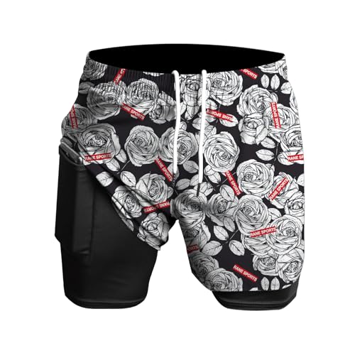 Men's Running Shorts 2 in 1 Short Gym Athletic Outdoor Jogging Workout Training Shorts Black White Rose M