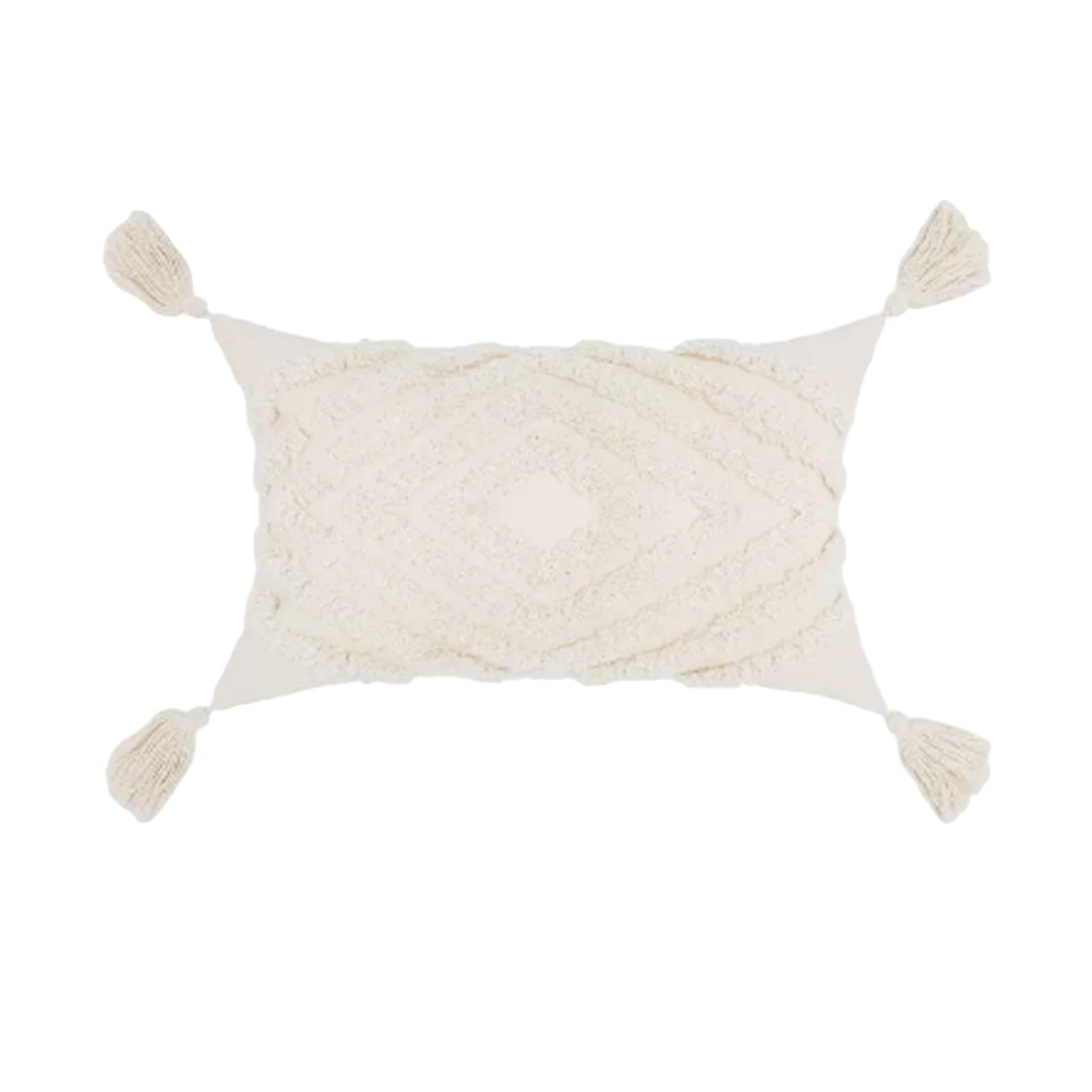 Housse coussin bohème 30x50 motif losanges lin beige à pompon