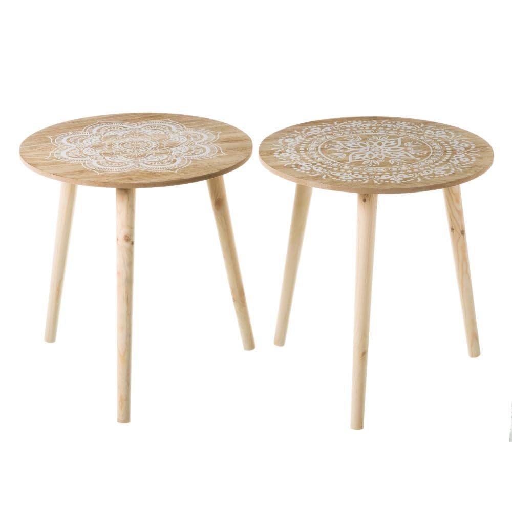 Set de 2 mesas auxiliares redondas de pino natural, mandala blanco 40x42 | Mesitas versátiles ideales como mesillas de noche en tu dormitorio o para apoyo decorativo en el salón aportando calidez.