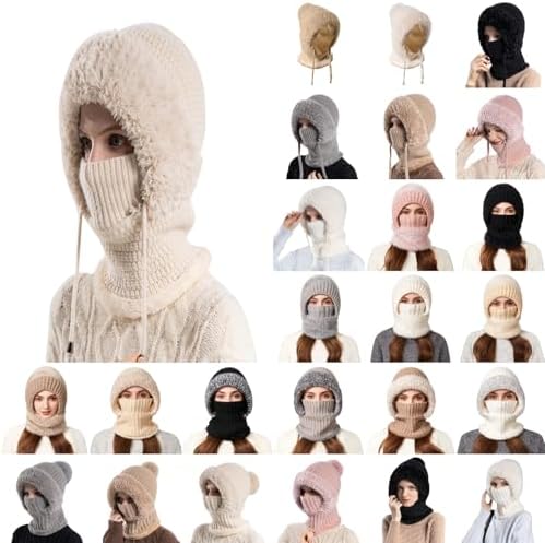 4 in 1 Beanie Hat for Women Knitted Scarf Mask Earflap Hats Set Outdoors Fleece Lined Textured Windproof Warmth Stocking Caps