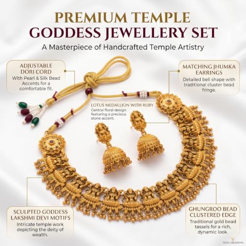 Image of Gold-Plated Antique Temple Jewellery Set for Women - Traditional Necklace with Large Peacock Pendant & Matching Jhumka Earrings | Ethnic Festive & Bridal Wear Set with Ruby & Emerald Accents