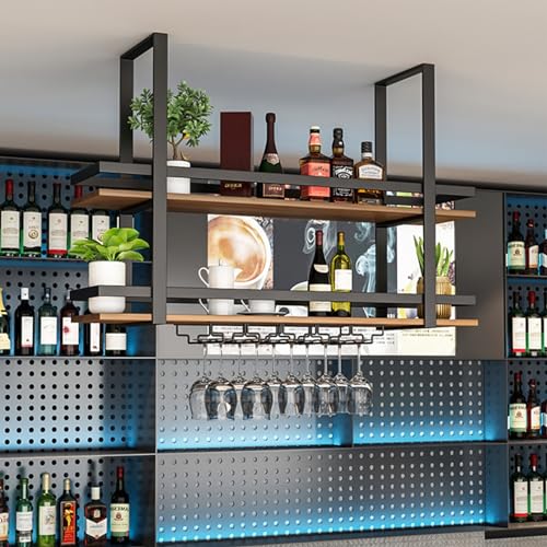 Casier à vin suspendu au plafond, étagères flottantes en métal à 2 couches support mural pour verres à vin support de rangement de décoration suspendu avec...