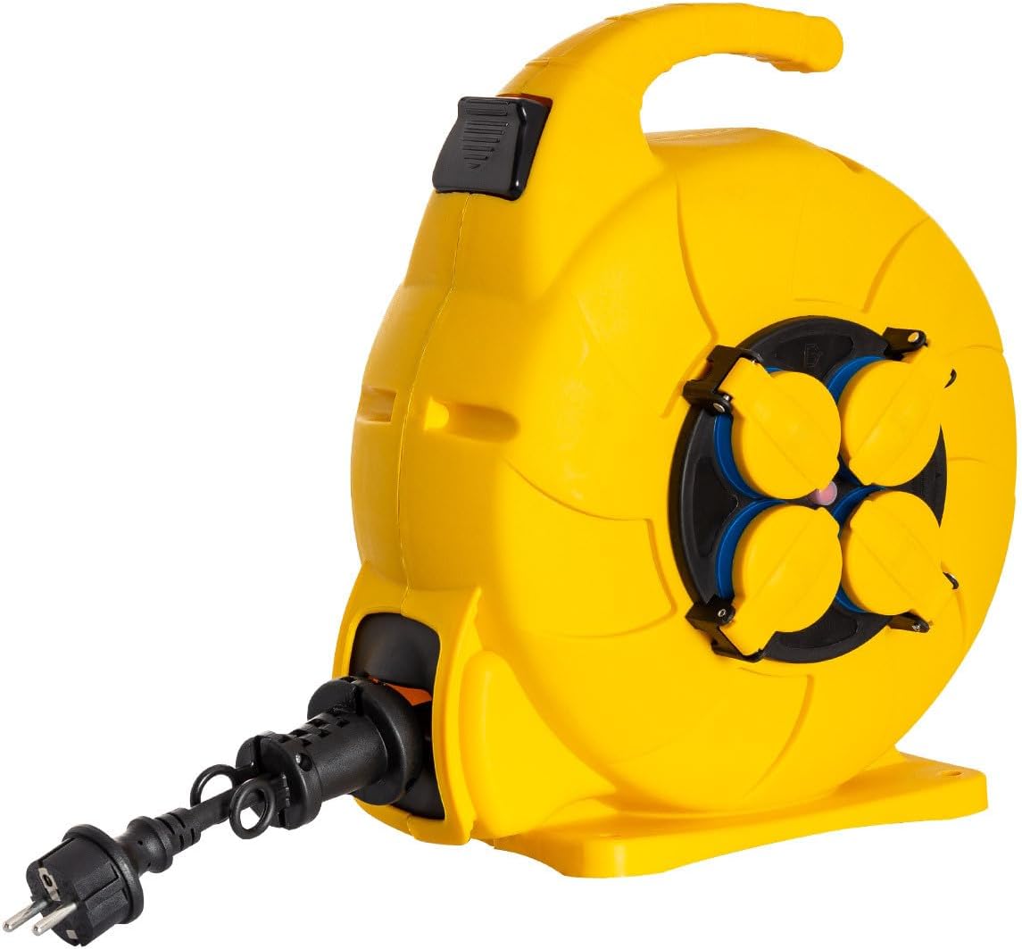 LEDKIA LIGHTING - Automatic Cable Reel | 15 m Extendable | IP44 Protection | 4 German Type Sockets | Maximum Load 3000 W | Indoor/Outdoor Use, Yellow, 40 m [Energy Class A]