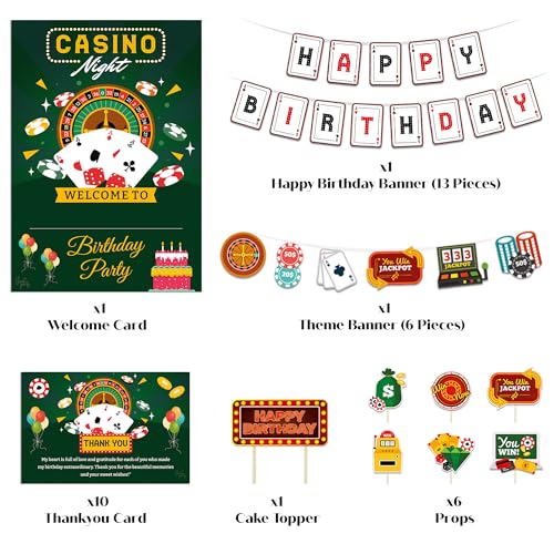Image of Just Party Casino Theme Party Decoration - 37 pcs Happy Birthday Decoration Kit for Adults | Vegas Theme Birthday Decoration Items for Boys & Girls | Includes Props, Banners, Cake Topper, Setup Tools