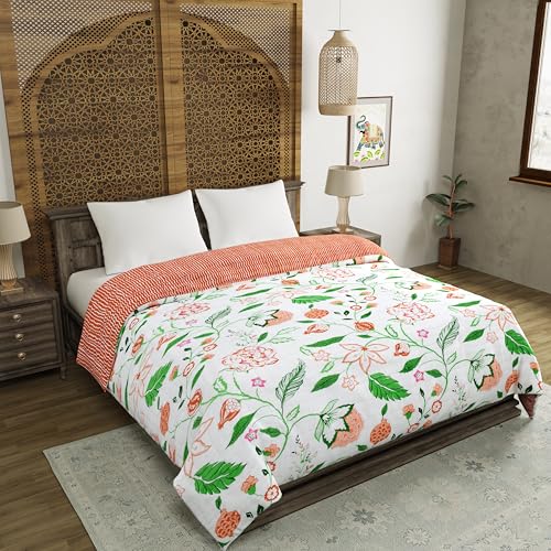 Image of BLOCKS OF INDIA Hand Block Printed Cotton King Size Quilt /Rajai | Orange Anar JAAL