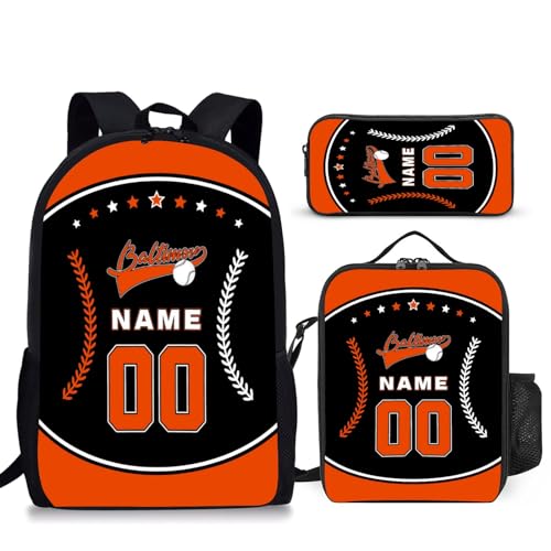 Custom Baltimore Backpack 3pcs Bag Set Lunch Bag Pencil Case Personalized Name Number Fan Gifts for Men Women Boy Girl
