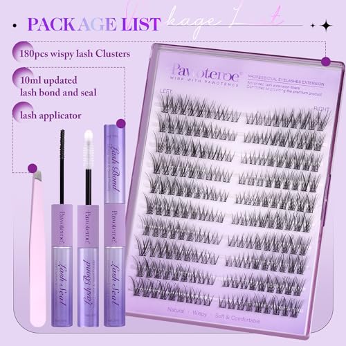 Image of Pawotence Wispy Lash Clusters Kit Cat Eye Lash Extension Kit 180pcs Natural Individual Lashes Left Right Cluster Eyelash Extensions Kit with Lash Bond and Seal, Lash Tweezers for Self Application