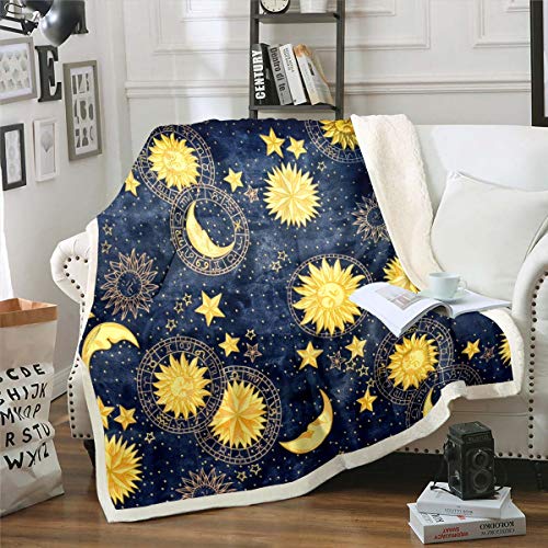 Sun and Moon Printed Fleece Blanket Boho Exotic Blanket for Couch Travel Sofa Women Bohemian Style Sherpa Blanket Stain Resistant Galaxy Astrology Room Decor Gold Double 60"x79" Air Conditioning