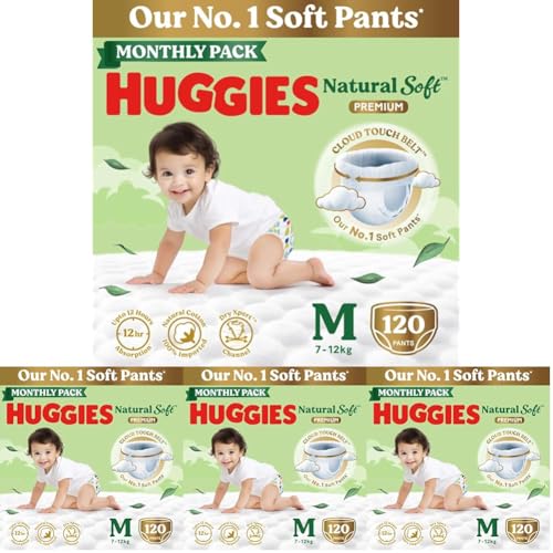 Image of Huggies Natural Soft Premium Baby Diaper Pants, Our No.1 Soft Pants, Medium (M) Size (7-12 Kgs), Monthly Pack of 480 diapers | Cloud Softness All over with India's 1st Cloud Touch BeltTM (60 Count, Pack of 2)