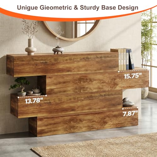 Image of knoworld 63 Inch Farmhouse Console Table with 4 Tier Storage, Rustic Wooden Sofa Table Behind Couch, Unique Staggered Entryway Table for Living Room, Long Hallway Foyer Table, Walnut