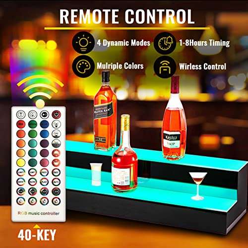 Image of VEVOR LED Lighted Liquor Bottle Display Shelf, 2 Step 40 inch LED Home Bar Shelves, Acrylic Lighted Illuminated Display Rack with RF Remote & App Control 7 Static Colors 1-4 H Timing for 20 Bottles