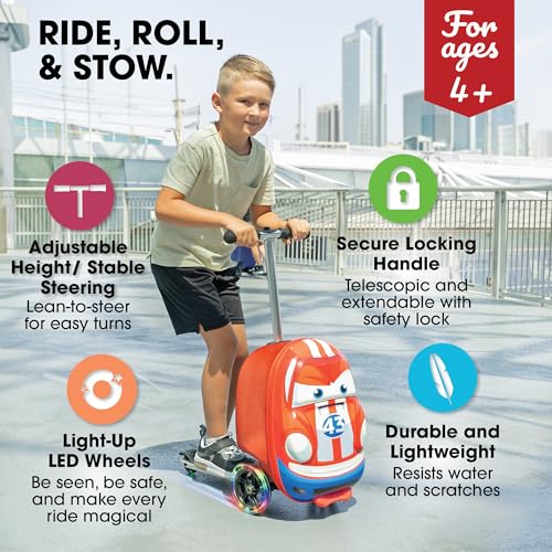 Image of Kiddietotes 3-D Hardside Scooter Ride On Suitcase for Kids - Cute Lightweight Kids Luggage with Wheels - Fun LED Lights