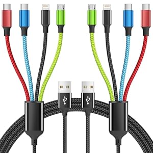 Travel Essentials Multi Charging Cable [2Pack 5FT], Nylon 4 in 1 Charging Cords, USB Cable Phone Charger with IP/Type C/Type C/Micro Port, Compatible with Most Cell Phones/Tablets and More