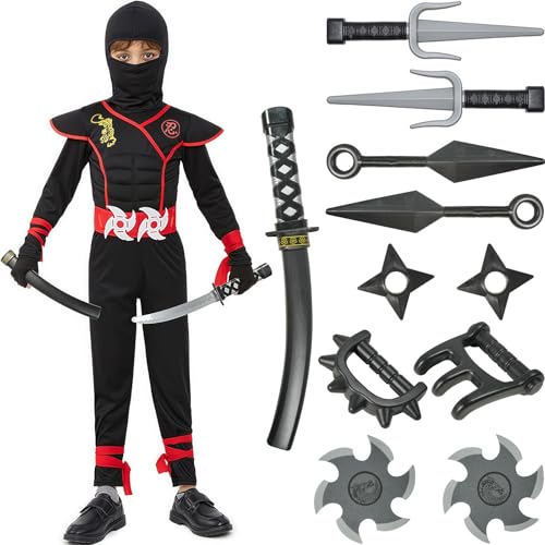 WANGWANG Ninja Kostüm für Kinder, Ninjago Kostüm mit Ninja Dolchen und Wurfsternen für Halloween Verkleidung Karneval Party...