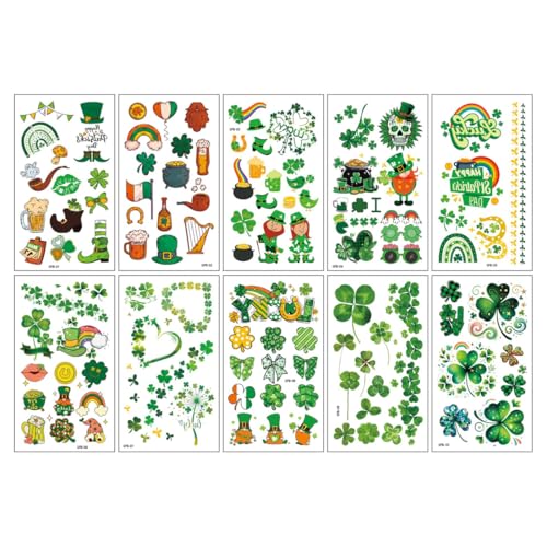 KAHZOR 10 tatouages temporaires pailletés en forme de trèfle, autocollants imperméables, costume trèfle, tatouages porte-bonheur pour la Saint-Patrick, décoration de fête, feuilles vertes