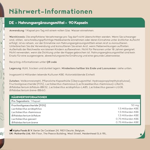 Kulturen Komplex | mit 6 Mrd KBE | 5 Bakterienstämme und Fructooligosaccharide | 90 Kapseln | Bakterienkulturen mit Lactobacillus & Bifidobacterium | Verdauungshilfe für den Darm | Vegan | Alpha Foods
