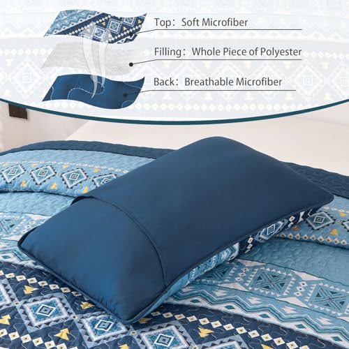 Edredón bohemio de microfibra suave azul oscuro queen lavable de tres piezas 6