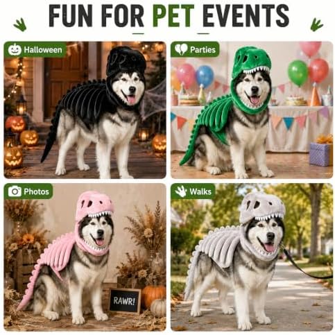 Pet Dinosaur Costume for Dogs and Cats,Soft Plush T Rex Skeleton Halloween Outfit with Skull Hood, 3D Rib Bones,Raised Spine and Long Tail for Cosplay Parties, Photos and Events (Green,Small) — view 8