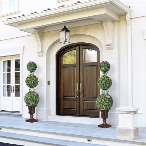 GarveeHome 4 ft Realistic Fake Topiary Trees Set of 2, Artificial Ball Boxwood Plants for Outdoor/Indoor with Vines & Insects Decoration, No Maintenan