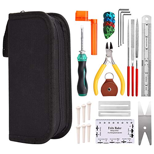 ギター修理ツールキット - ワイヤープライヤー ストリングオーガナイザー フィンガーボードプロテクター 六角レンチ ファイル ストリングルーラー アクションルーラー スパナレンチ ブリッジピン ギター ウクレレ ベース マンドリン バンジョー用 (25個)
