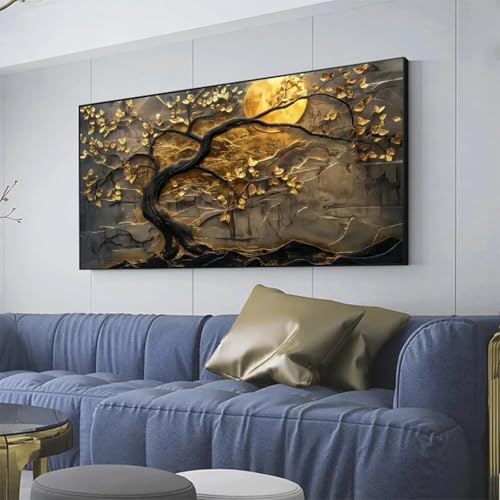 Arbre doré peinture murale de luxe pour sublimer votre salon moderne