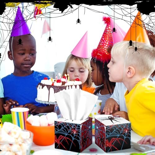 Image of Fourluoo 12 Pack Spider Facial Tissues Cube Boxes 600 Sheets 3 Ply | Small Spider web Square Face Tissues Bulk for Spider Birthday Party Decorations Car Bedroom Office Disposable Supplies
