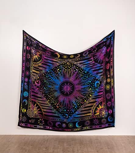 THE ART BOX Burning Sun Tie Dye Tapestry, Celestial Sun Moon Star Planet Bohemian Tablecloth Bedspread Wall Hanging Boho Hippie Tapestries (Purple 90"X108")