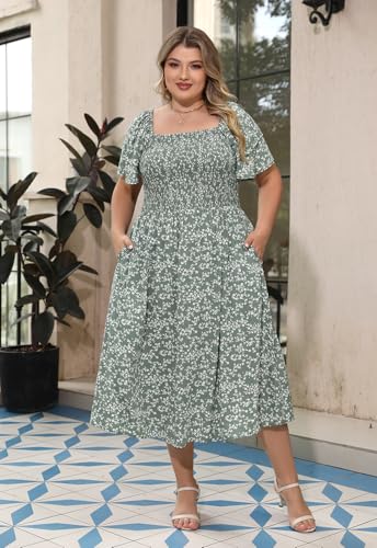 Nemidor Plus Size Summer Print Midi Boho Dress for Curvy Women Casual Smocked Floral Long Beach Dresses with Pocket 16-263
