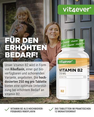 vit4ever Vitamin B2 (Riboflavin) - 250 mg - 365 Tabletten - Hochdosiert - Ohne unerwünschte Zusätze - Vegan