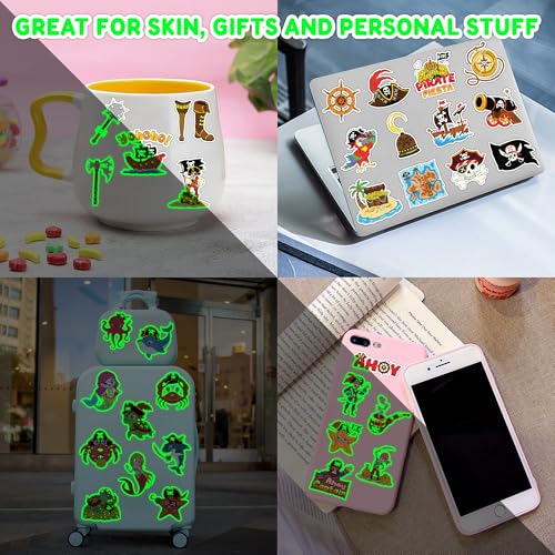 Image of 96 PCS Pirate Pre-Cut Luminous Glow in the dark Temporary Tattoos for Kids | Super Cute Ship Nautical Theme Birthday Party Favors Supplies Decorations, Treasure Fake Tattoos Gifts for Boys Girls