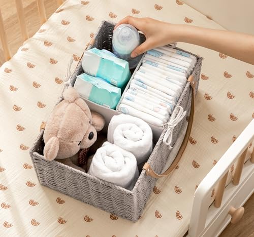 Image of HBlife Large Baby Diaper Caddy Organizer, Paper Rope Storage Baskets Nursery Bin with Removable Divider, Portable Car Organizer for Diapers, Baby Shower Gifts, Newborn Essentials Must Haves