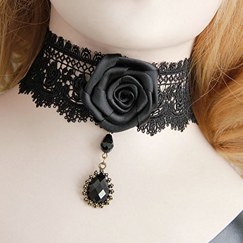 LEECO Elegant Noble Pure Beautiful Women Dresses Wide Neck Lace Party Choker Necklace Short Flower Necklace for Girls,Black Lace Necklace with A Black Rose and A Black Diamond Pendant