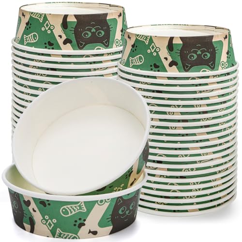 SOUJOY 40 Pcs Disposable Cat Food Bowls 16 oz Paper Travel Pet Feeding Bowls Cute Print Design Food Dishes for Small Dog Puppy Suitable for Dry and Wet Food or Water