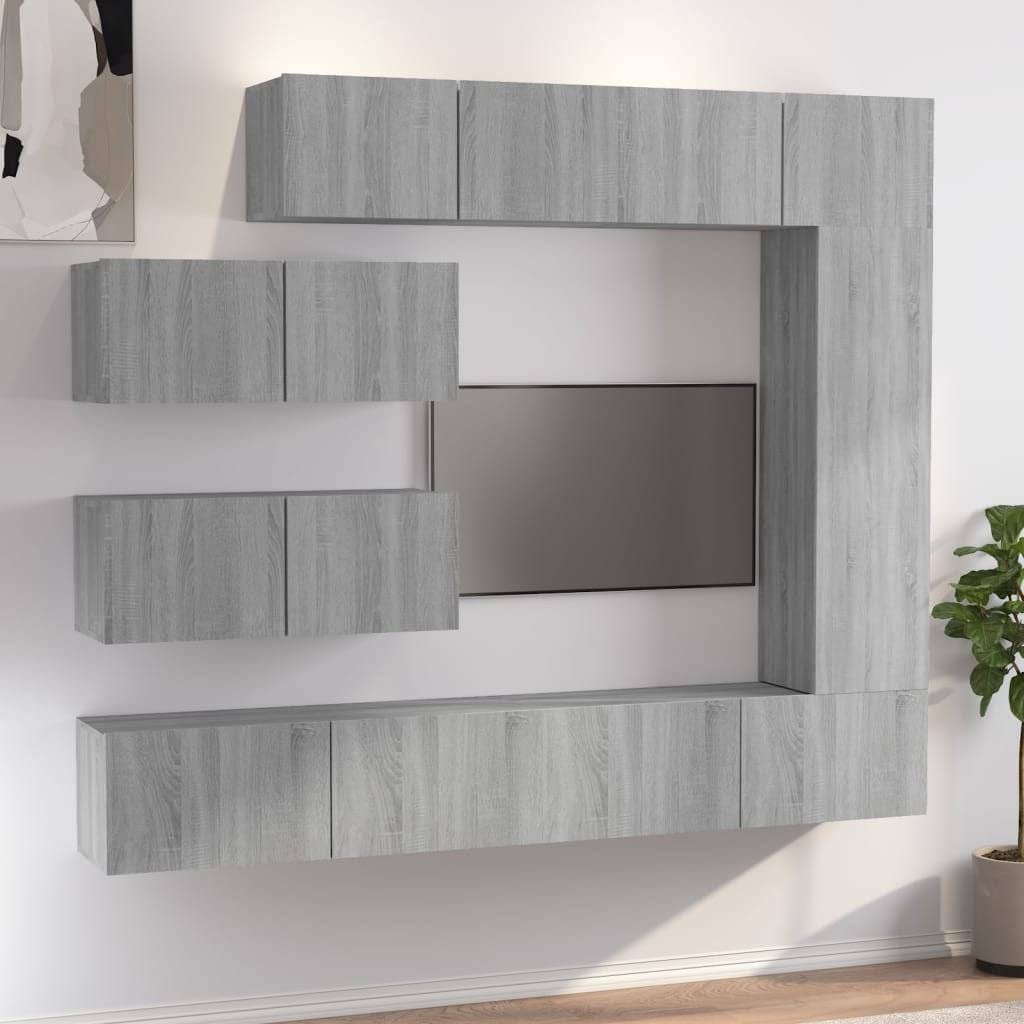 7-TLG. TV-Schrank-Set, Grau Sonoma, Holzwerkstoff, Wandmontage, Modernes Media Center für Wohnzimmer, Schlafzimmer, Viel Stauraum