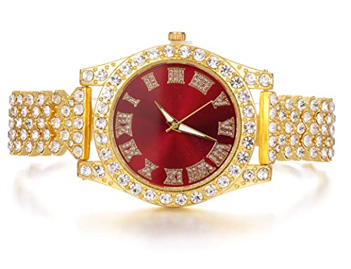 Image of Halukakah Diamonds Gold Watch Iced Out, Kid's 18K Real Gold /Platinum White Gold Plated 36MM Width Green /Blue /Red Dial Quartz Wristband 8 inch with Cuban Link Chain 7 inch+16 inch Bracelet, Free Giftbox