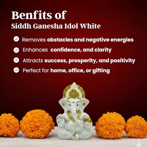 Image of VAMA Ganesh Idol for Car Dashboard Siddh at Chintamani Ganesha Temple, Ujjain | Lord Ganesha Idol for Car | Ganesh Murti | Ganpati Idol for Home Decor, Office Desk, Mandir and Gift 3.5 Inches (White)