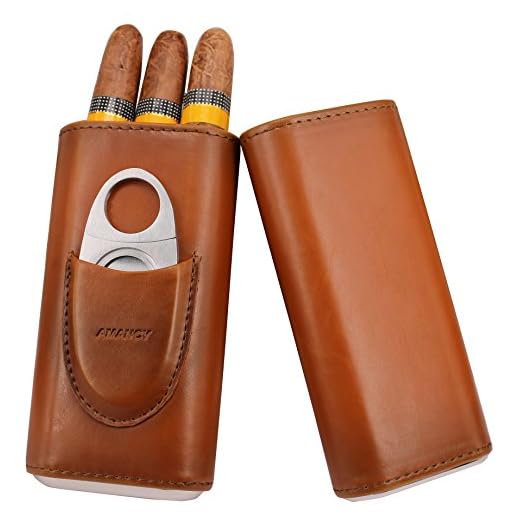 AMANCY Top Quality 3- Finger Brown Leather Cigar Case, Cedar Wood Lined Cigar Humidor with Silver Stainless Steel Cutter