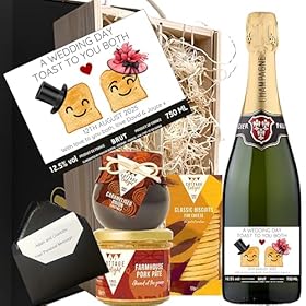 Buy the Personalised Mr & Mrs Wedding Toast Champagne Hamper with Custom Label Brut Champagne, Pâté, Chutney & Biscuits in Elegant Wooden Gift Box – Sparkling Direct