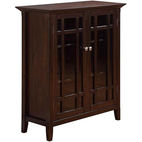 SIMPLIHOME Bedford SOLID WOOD 39 inch Wide Rustic Medium Storage Cabinet in Dark Tobacco Brown, with 2 Tempered Glass Doors, 4 Adjustable Shelves