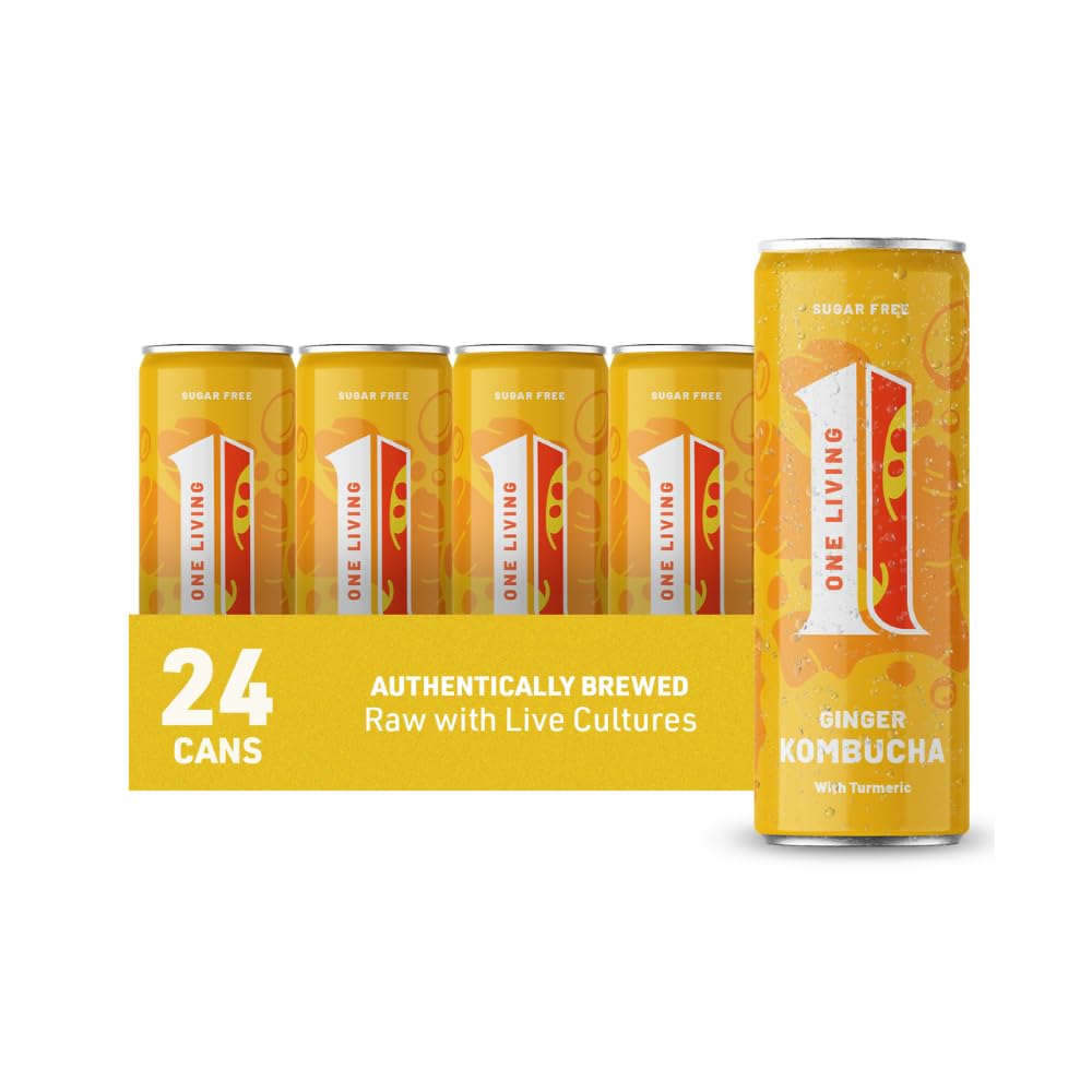 One Living Kombucha Drink - Ginger with Turmeric - 24 x 250ml Cans - Sugar Free, Great Tasting Authentically Brewed Kombucha with Live Cultures - Lightly Sparkling, 100% Natural, Vegan
