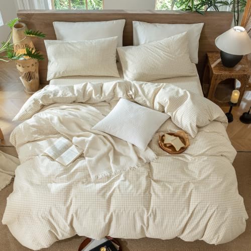 Image of MooMee Gingham Duvet Cover Set 100% Washed Cotton Linen Like