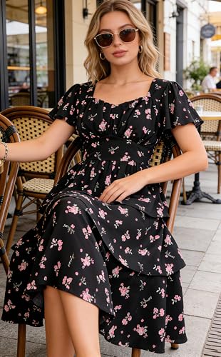 Image of Belle Poque Women's Vintage Square Neck Dress 2026 Summer Short Sleeve Layered Tiered Ruffle A-line Swing Midi Dress